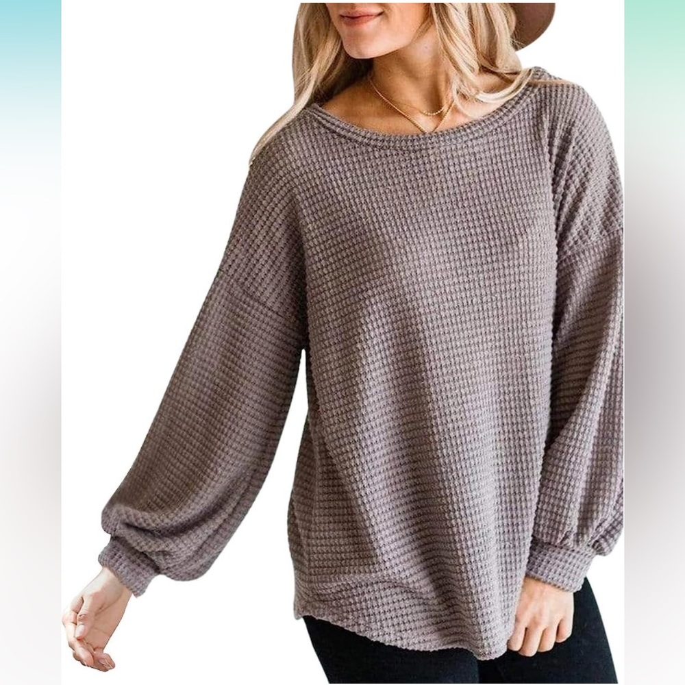 Womens Long Balloon Sleeve Waffle Knit Tops Crew Neck Oversized Sweater Pullover